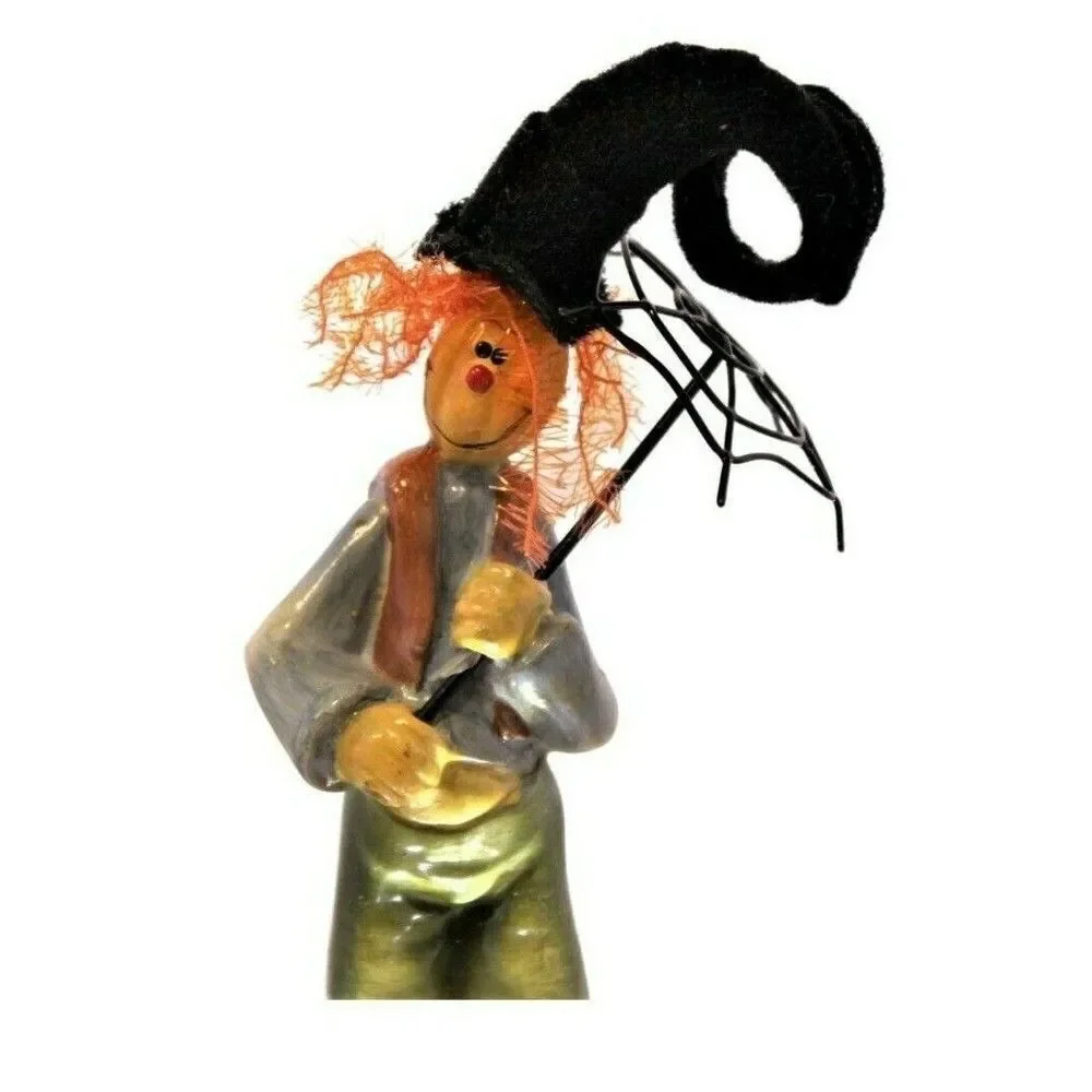 Clown Pumpkin Head Figurine Primitive Vintage Resin Shabby Umbrella & Fuzzy Hair